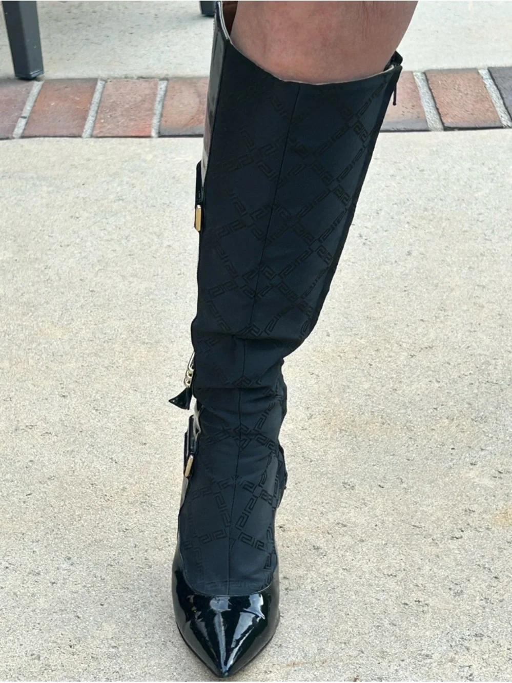 Versace Black Patent Leather Knee Boots with Gold Hardware - Picture 2 of 9